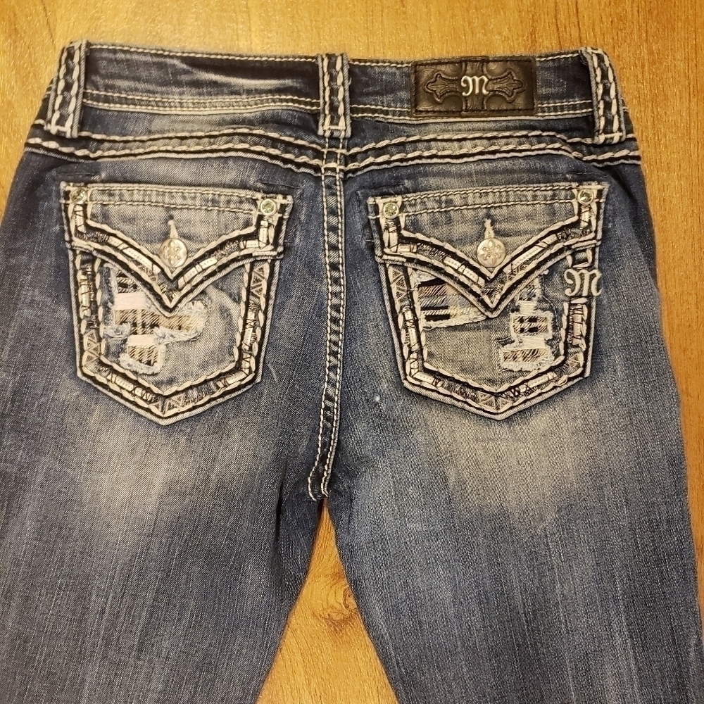Miss Me Jeans Signature Slim Boot Women's 27 Waist Patchwork Pockets Bling EUC